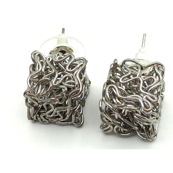 Abstract Sculptural Silver Wire Earrings With Post Back Closure - Picture 1 of 5